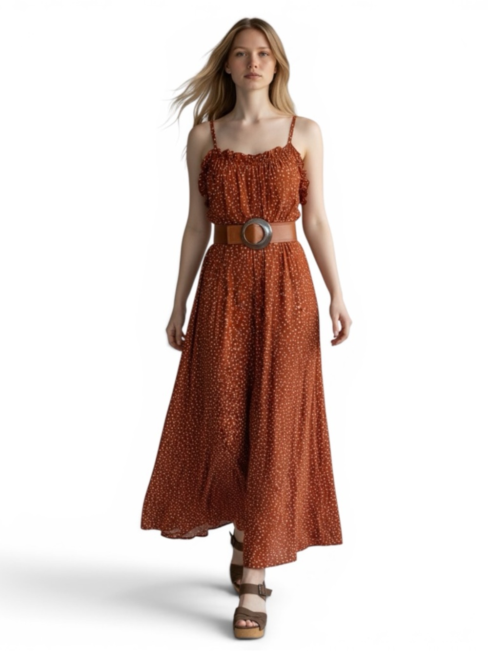 AURA Rust Polka Dot Maxi Dress – Boho Ruffle Neck, Spaghetti Strap, Tie Waist S